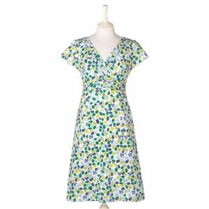 BODEN Regatta Olive Branch Print Pleated Cotton V Neck Dress us Size 6 Long